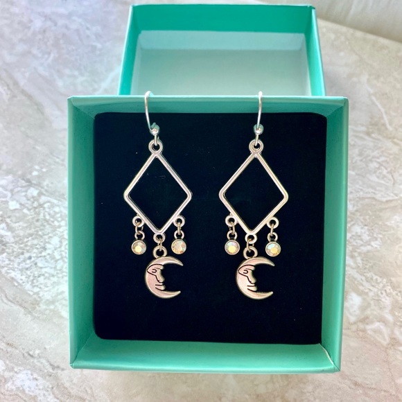 Silver Drop Earrings with Crescent Moon and AB Crystal Charms - Picture 3 of 3